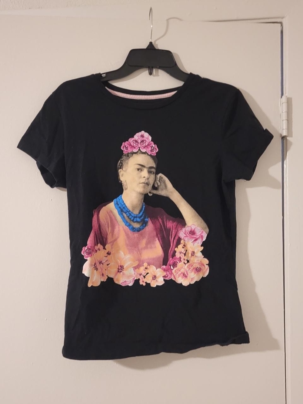 Black Graphic Tee with Floral Frida Kahlo Portrait